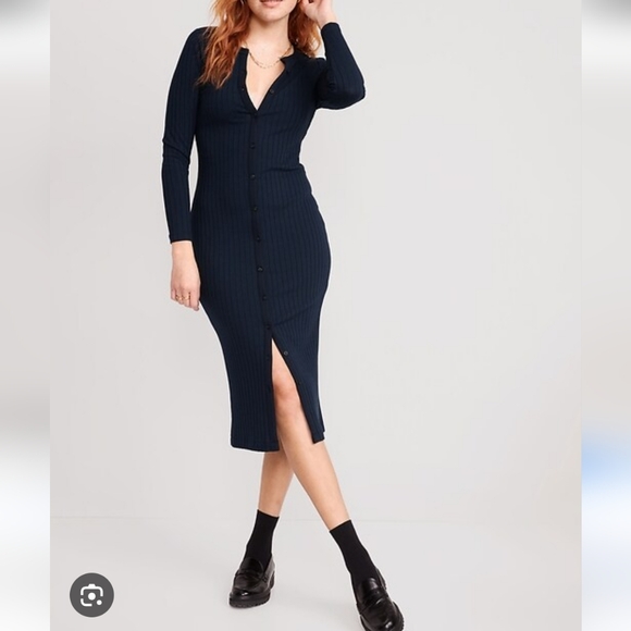 Old Navy Dresses & Skirts - Old Navy Fitted Rib-Knit Midi Button-Front Dress Womens XL Blue Retro Minimalist